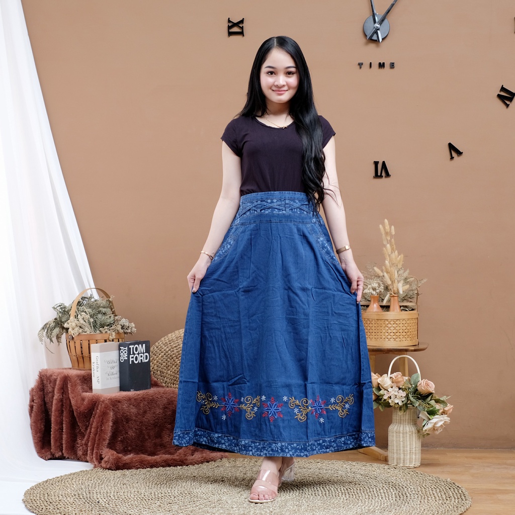 Toball - Rok Bordir Wanita / Rok Jeans Wanita Dewasa / Rok Panjang / Rok Bordir Cantik