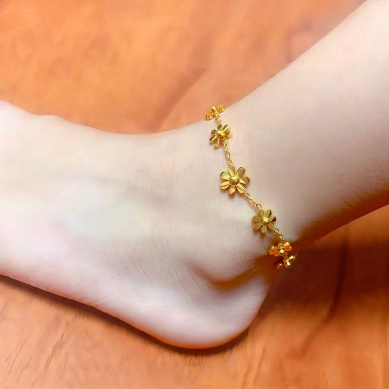 Gelang Kaki Titanium Asli Daisy Bunga Kamelia Anti Karat Emas 18k Aksesoris Wanita Korea