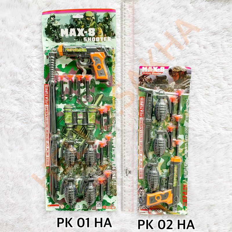 MAINAN MAX 8 SHOOTER PK 01 02 HA SET PISTOL PISAU PELURU KARET GRANAT GERANAT ARMY MILITER TENTARA M