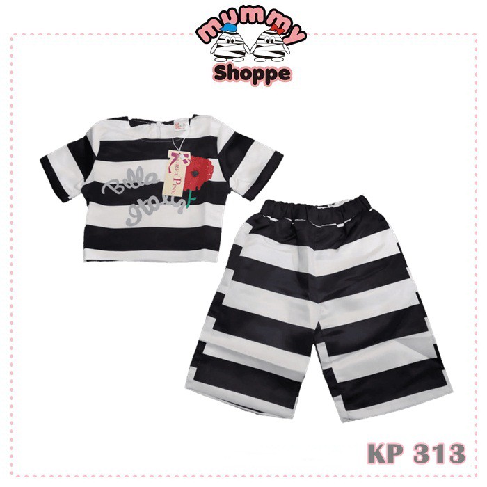 KP 313 - setelan anak korea pink model crop top stripe black white