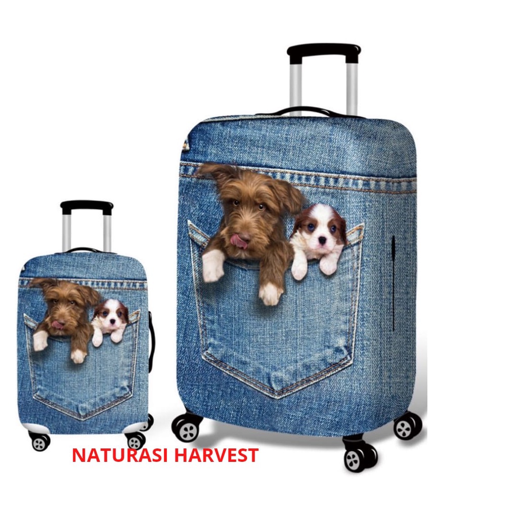 Luggage cover koper motif anjing kucing lucu bahan spandex elastis pelindung koper UK. S M L