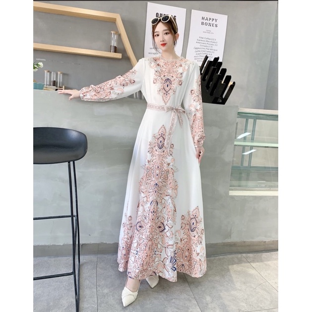 SALE!!! DRESS MAXI ESTILO ELEGAN IMPORT / IVORY ORI BKK-putih corak pink
