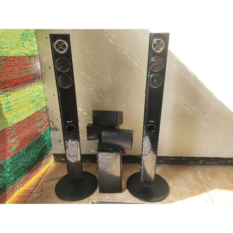 Jual speaker home teater sharp, speker tower 2, speaker kecil 3, speaker woofer 1 normal