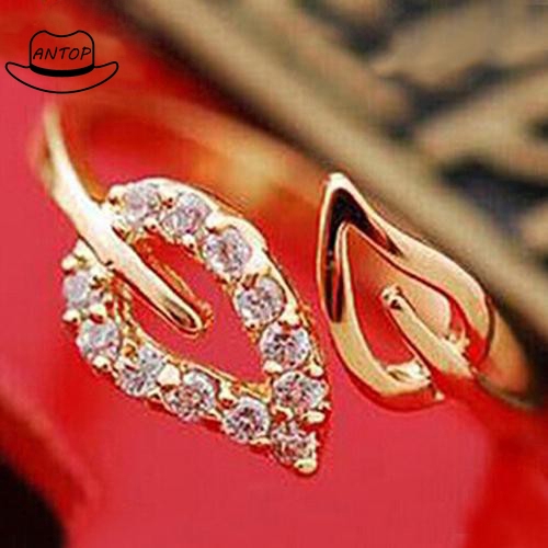 Antop！Cincin Daun dengan Berlian Imitasi Adjustable