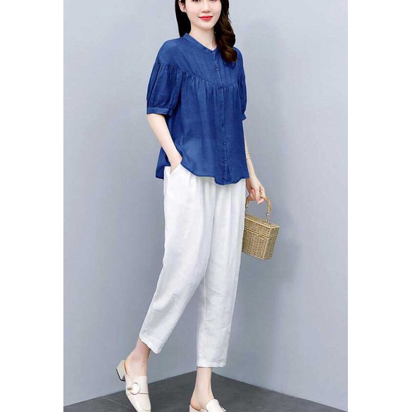 Set wanita import atasan biru dan celana putih wanita