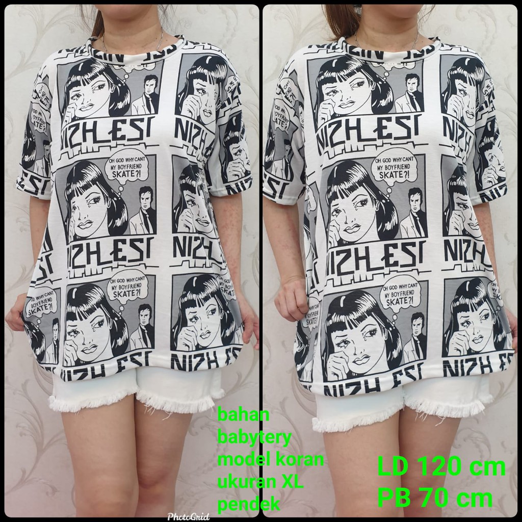 kaos oblong model koran tangan pendek ukuran l dan xl hitam putih