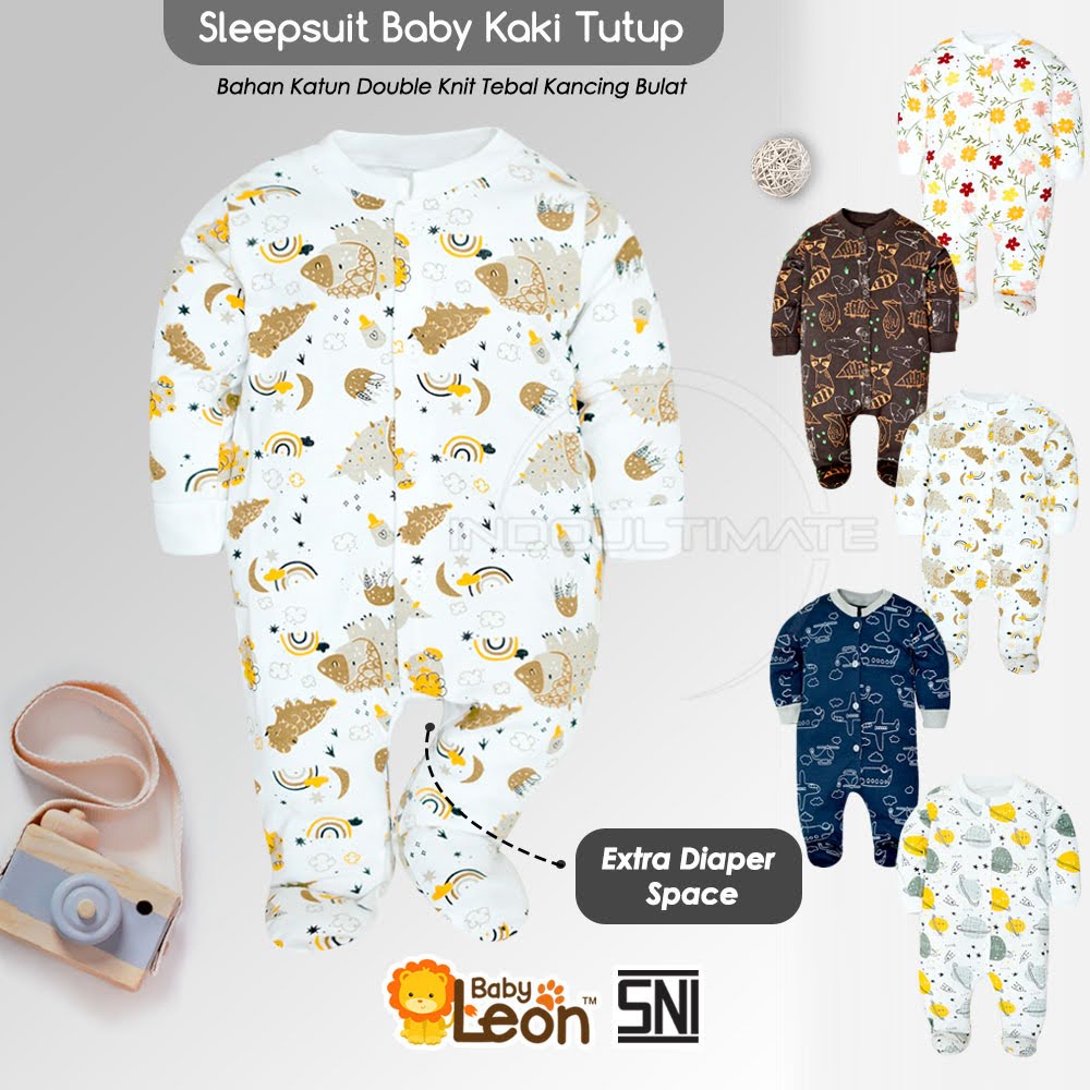 BABY LEON Baju Sleepsuit Bayi Kaki Tutup (0-12 Bulan) Lengan Panjang Baju tidur Jumsuit Jumper pergi anak Bayi balita Newborn BC-072 Sleepsuit Bayi Piyama bedong kaki buka Bayi Laki laki Perempuan Laki-laki