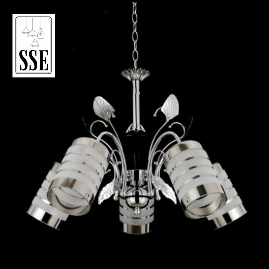 LAMPU GANTUNG MINIMALIS CABANG 5 LAMPU GANTUNG RUANG TAMU SILVER FROZZ