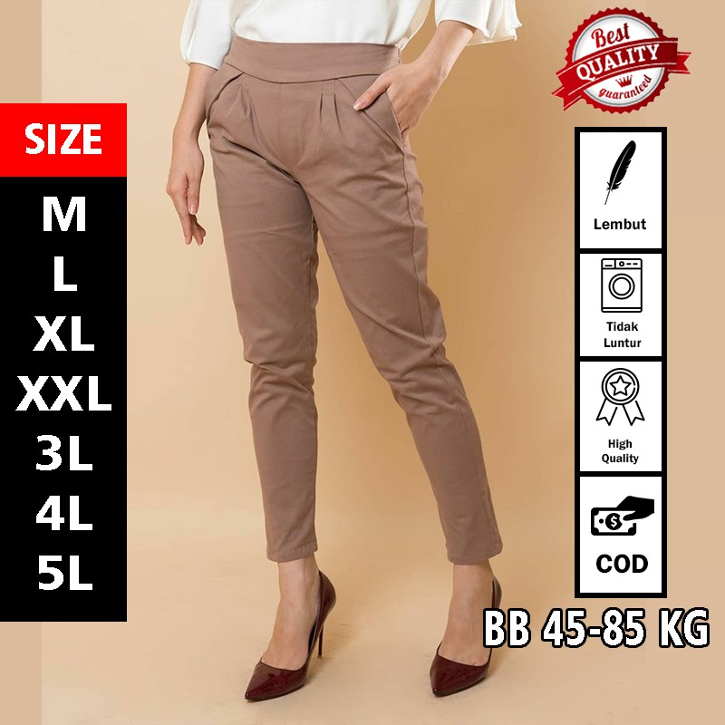 CELANA PINGGANG FULL KARET BB 45 - 85 KG / M - 5L CELANA KANTOR WANITA JUMBO CELANA KERJA ANTI BEGAH