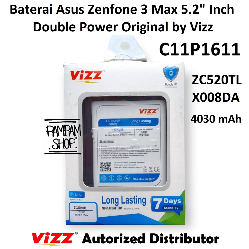 Baterai Vizz Double Power Original Asus Zenfone 3 Max 5.2&quot; Inch ZC520TL C11P1611 X008DA Ori Batre Batrai Battery Ori Handphone HP