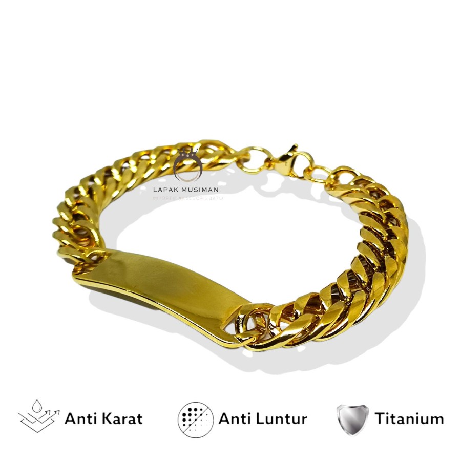 Gelang Pria Rantai Titanium Plat Warna Gold Emas Asli Original