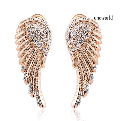 OW@ Women's 9K Gold Plated Angel Wings Crystal Ear Studs Luxury Earrings Jewelry