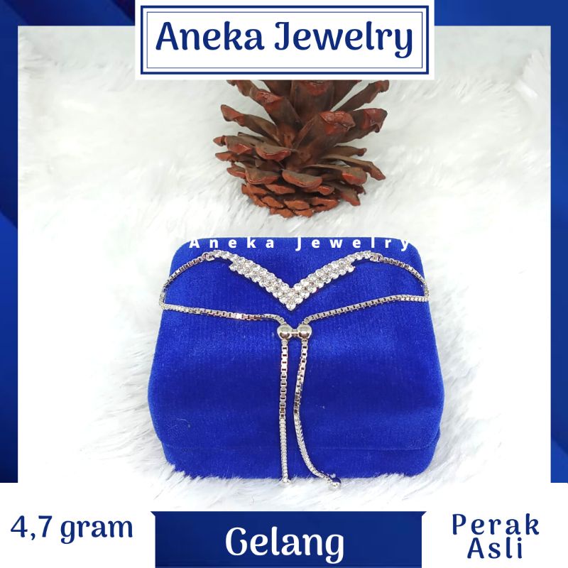 Gelang Serut V Mata2, Perak 925, Lapis Emas Putih