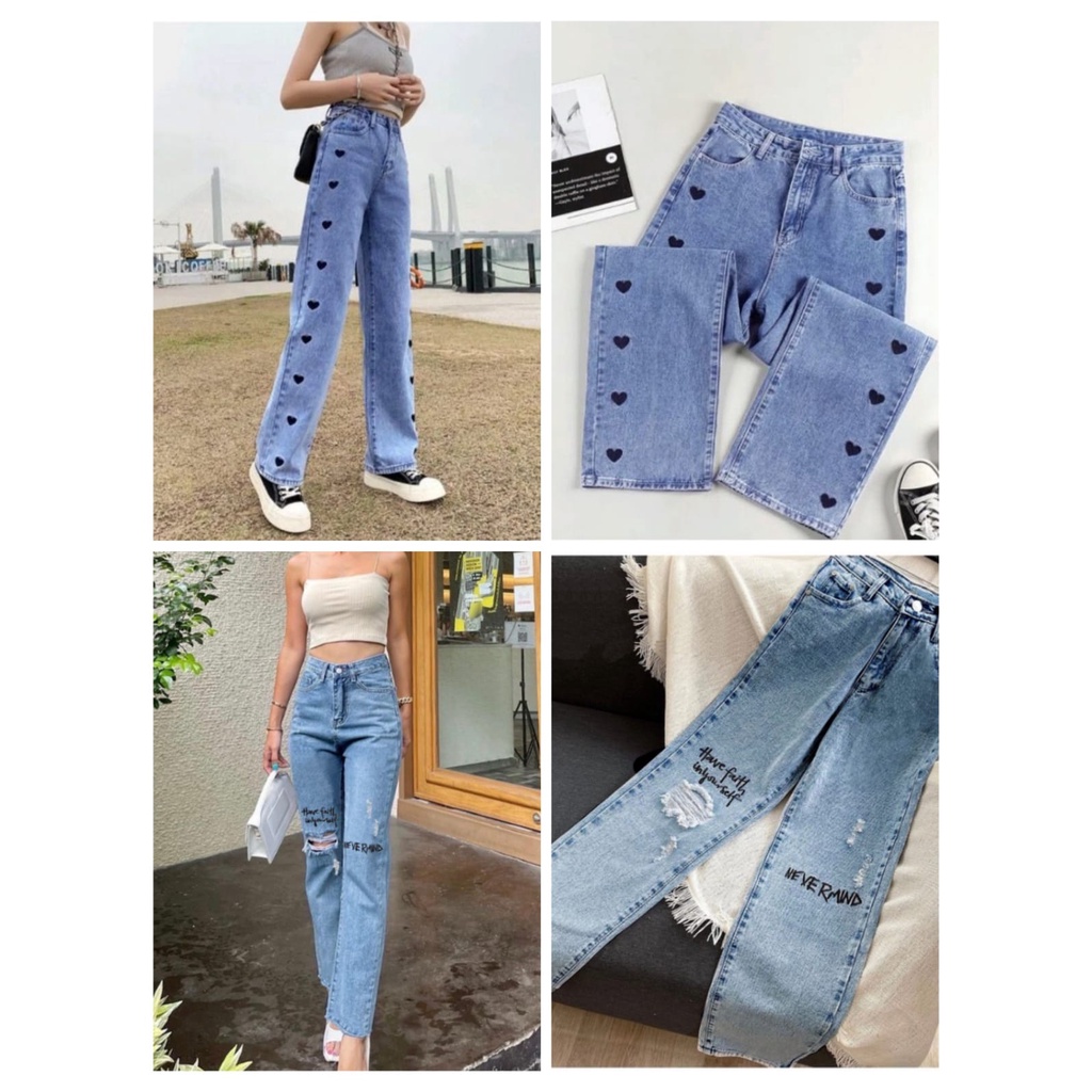 HUM - ZFS OOTD Celana Panjang Jeans / NEVERMIND TRENDSETTER BOYFRIEND RIPPED JEANS / LOVE EMBROIDERY