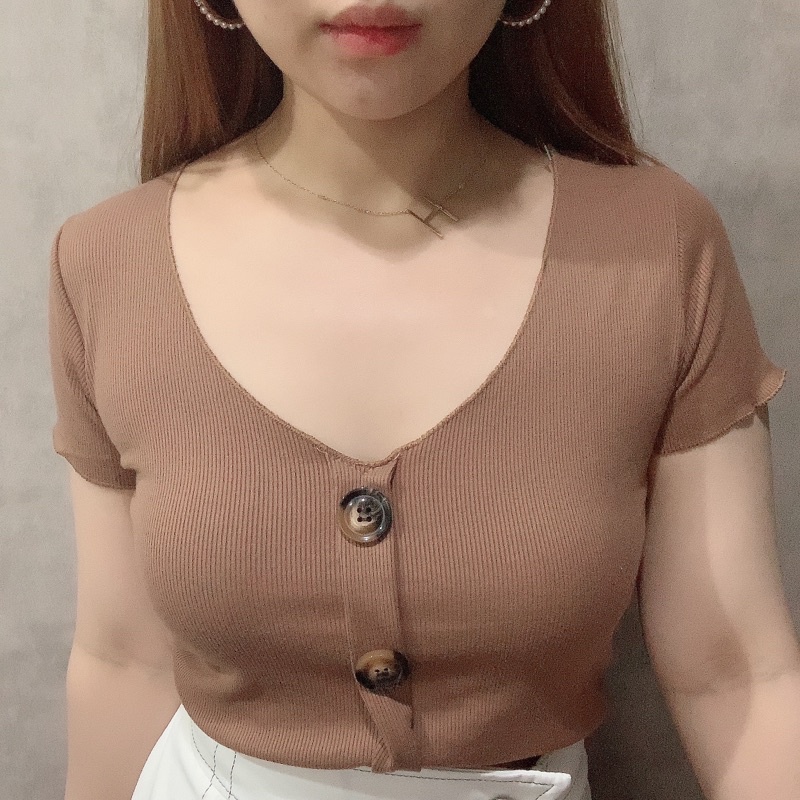 Button Front Ribbed Crop Top | Vneck Atasan Wanita | Maimon Grosir