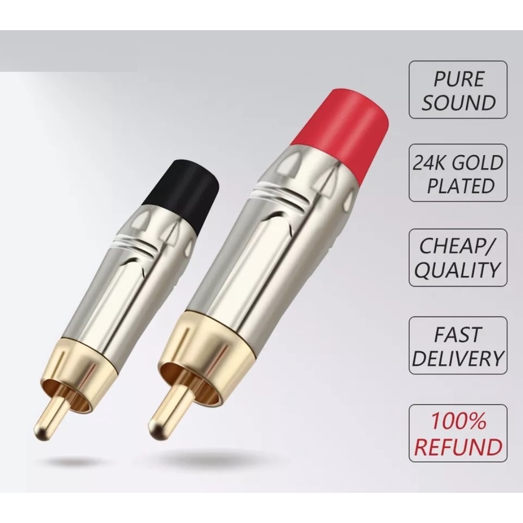 RCA Plug Connector Gold Plated Kabel Audio 2 Pasang Merah + Hitam