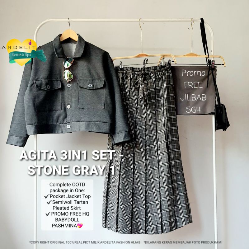 PROMO FREE JILBAB ORI 100% REAL PICT AGITA 3IN1 SET BAJU SETELAN WANITA HIJAB LEBARAN 2022 OOTD SELEGRAM BAJU VIRAL KEKINIAN MODEL TERBARU SETELAN UNTUK WANITA REMAJA-AGITA STONE GRAY 1