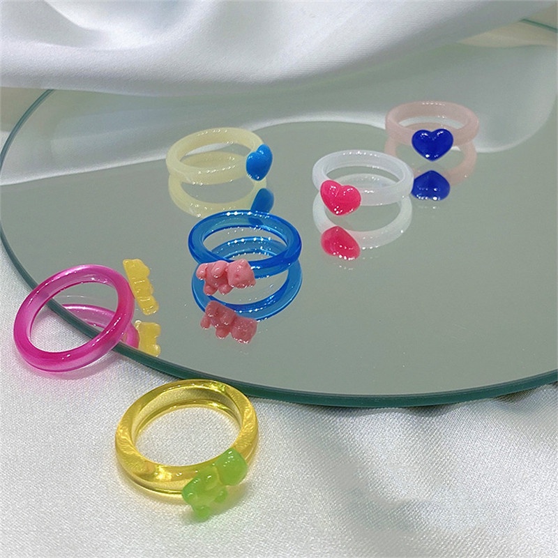 [ACKER] 2Pcs/set Cincin Resin Desain Hati Beruang Kartun Lucu Untuk Wanita