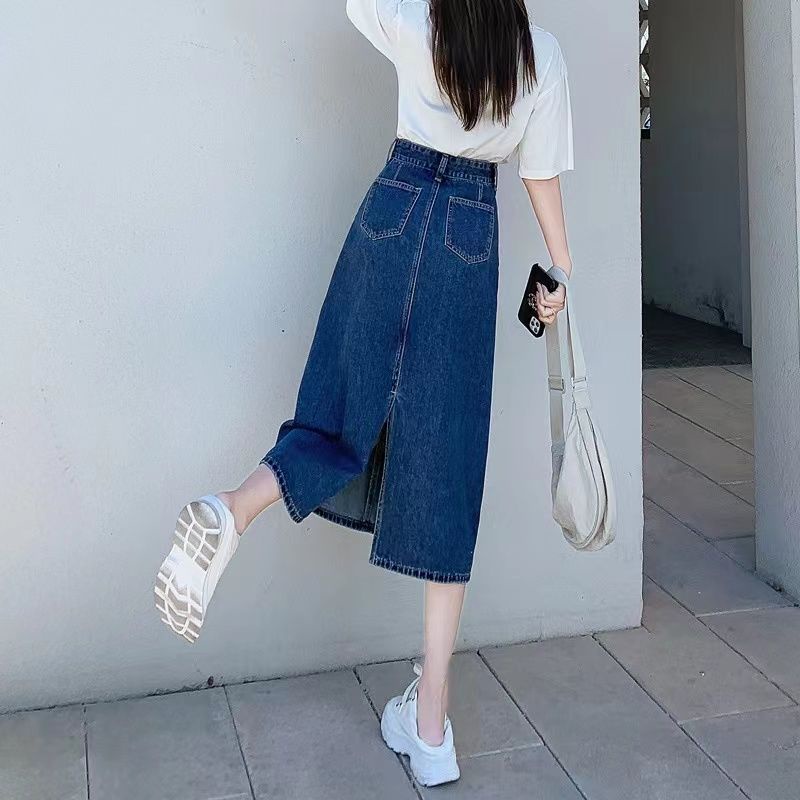 New Korean Rok Jeans Panjang Wanita kembali Slit skirt midi