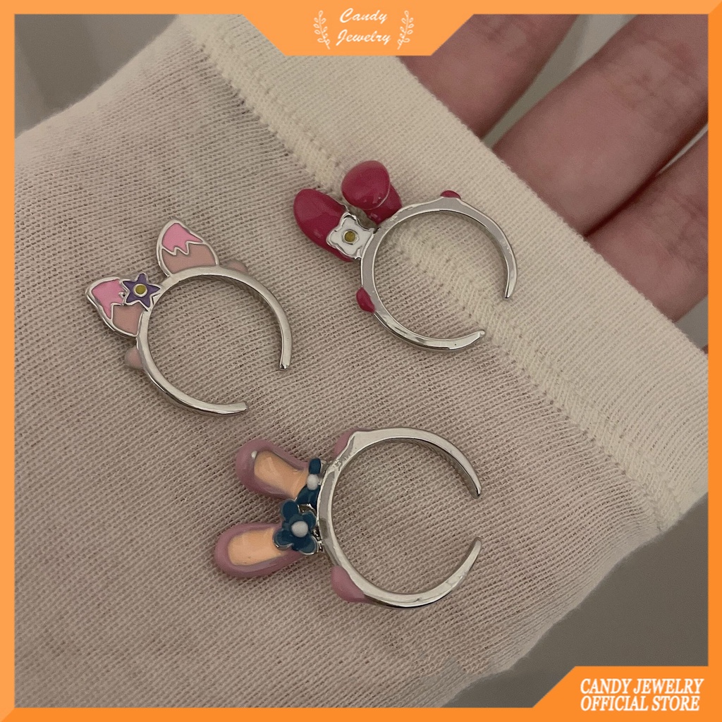 Cincin Model Terbuka Desain Telinga Kelinci Warna Permen Gaya Trendy Adjustable Untuk Wanita