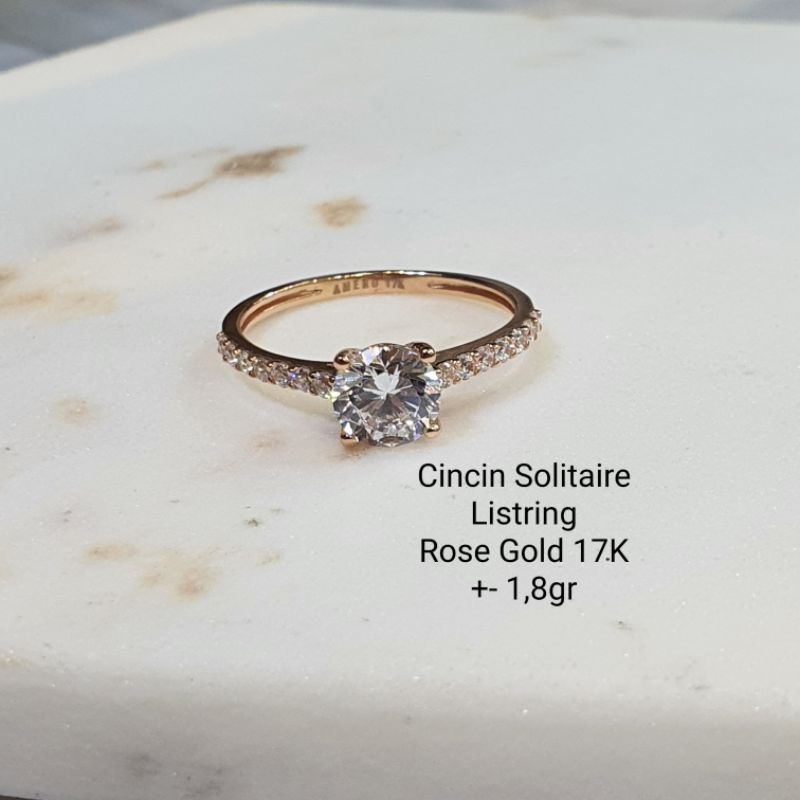Cincin Emas Asli Solitaire Listring Mas Putih Rose Gold Pink 1 mata zircon Diamond Look 750 17K