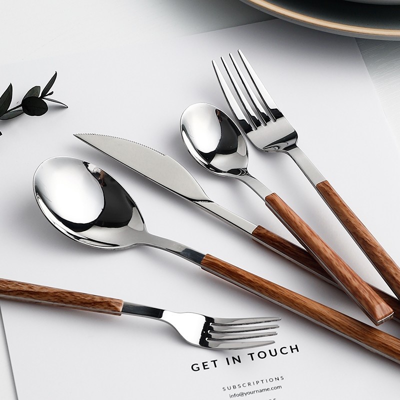 CUTLERY SET PAKET LENGKAP SENDOK GARPU PISAU STAINLESS STEEL GAGANG KAYU KOREA WOOD GRAIN HANDLE KAYU SET SPOON FORK KNIFE