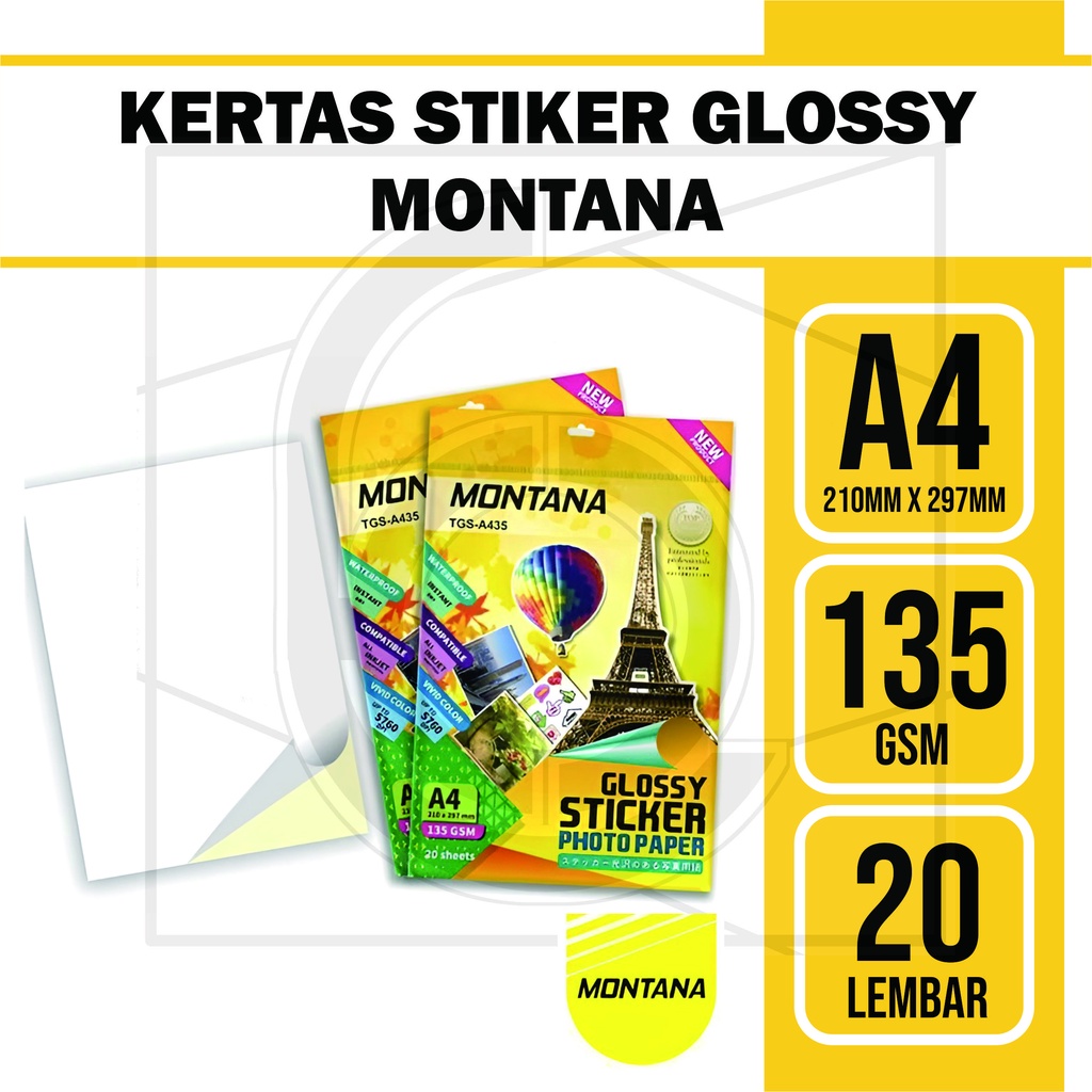 

KERTAS STIKER GLOSSY A4 135 GSM 20 LEMBAR MONTANA PHOTO PAPER