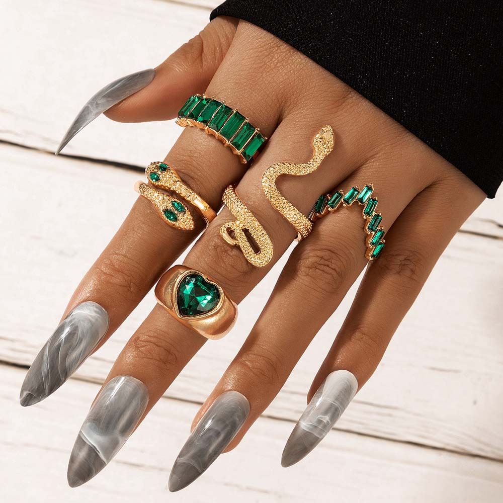 Needway  Geometric Women Jewelry Accessories Gothic Korean Style Finger Ring Snake Ring Set Love Heart For Unisex Minority Alloy Adjustable Crystal Finger Buckle Sets