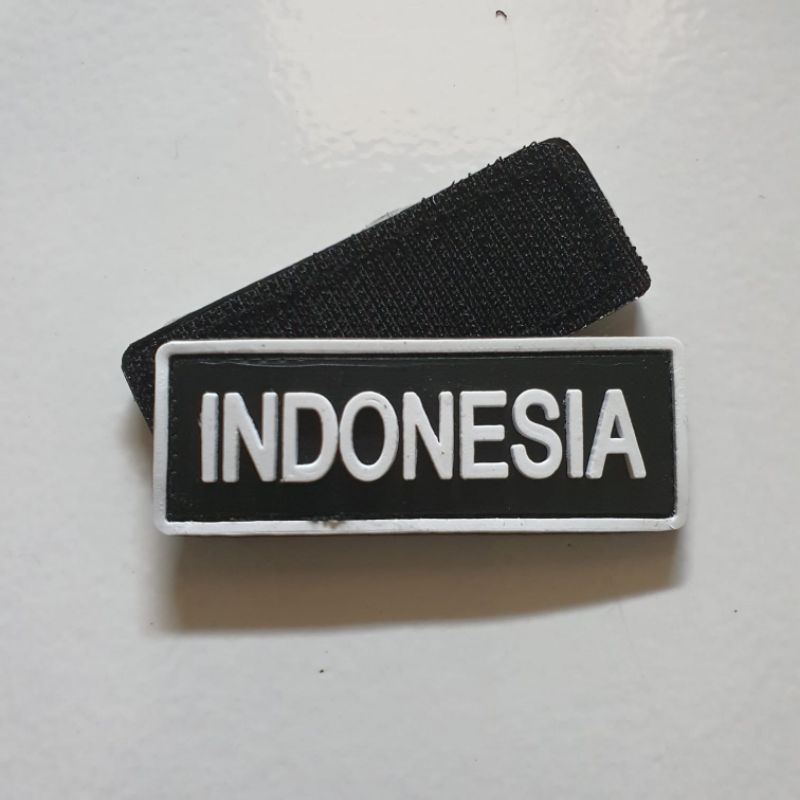 patch rubber logo tulisan indonesia putih kecil / tempelan emblem karet velcro