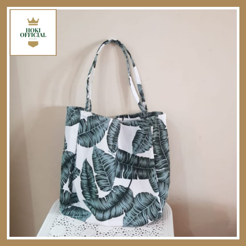 Totebag Kanvas Tas Wanita Kapasitas Besar Belanja Sederhana Bahu Tas Warna Solid Tas Dapat Digunakan Kembali Designer Totebag Kekinian Motif Bunga Daun