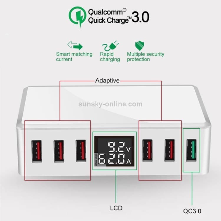 Charger Quick Charge 3.0 6 Ports Multi-port USB LCD 8A 40W WLX-T9+