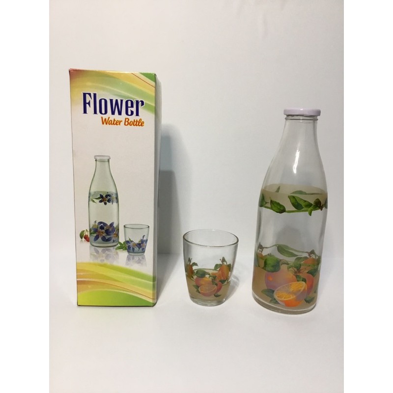 Botol Minum Kaca/ Botol Hadiah/ Tumbler Gift/Set Botol  900ml Plus Gelas Motif Bunga