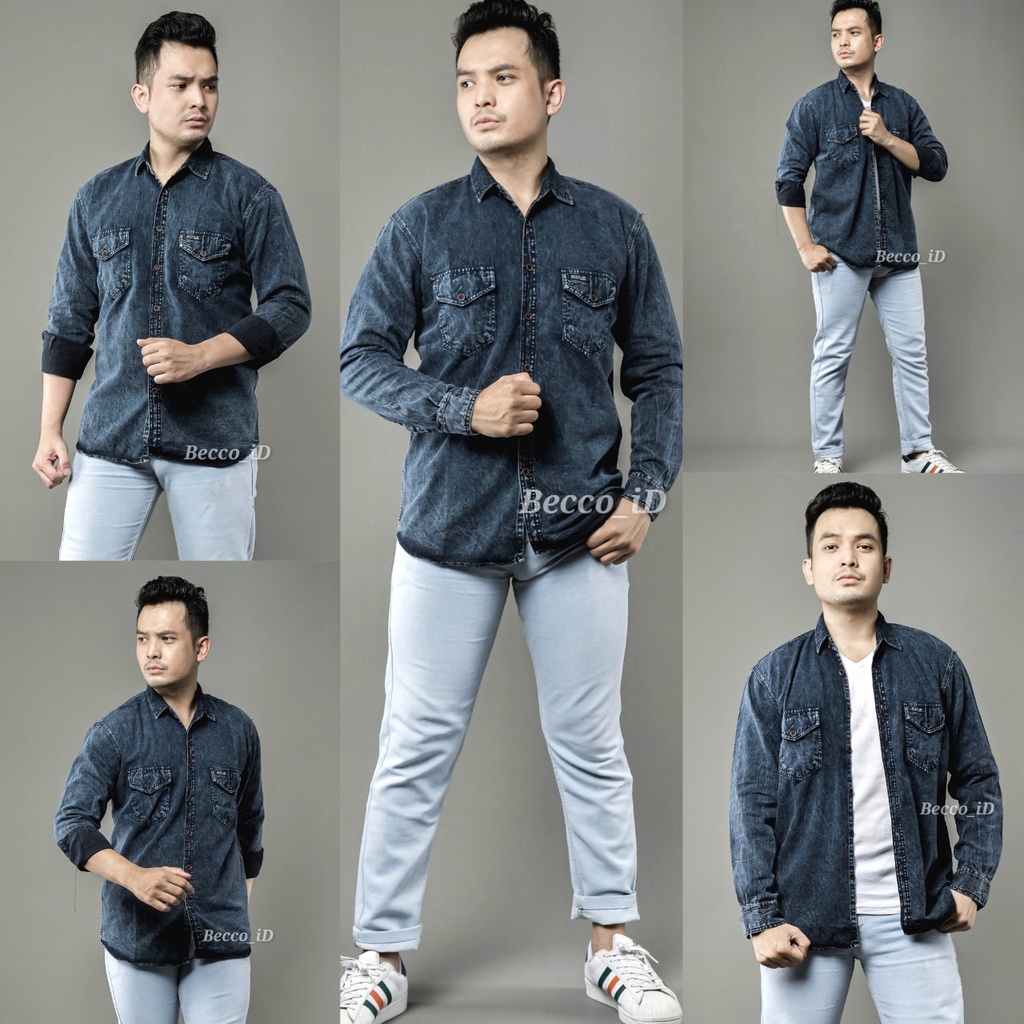 kemeja jeans denim pria lengan panjang, kemeja jeans import, kemeja distro lengan panjang premium