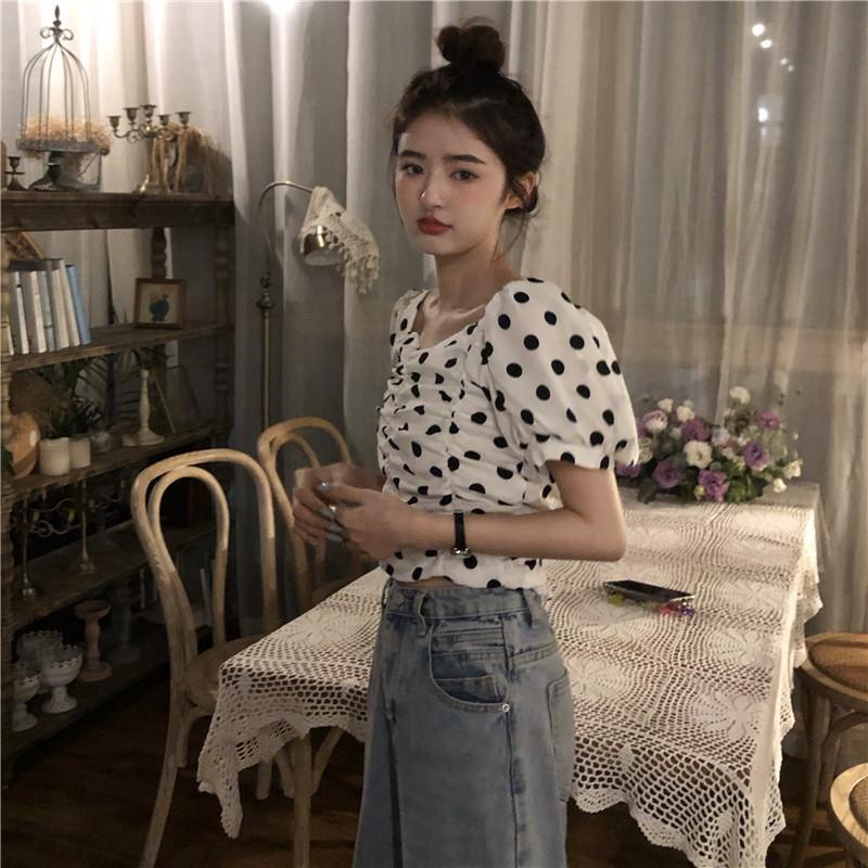 Kemeja Lengan Puff Wanita French Square Collar Slim Pendek Lipit Kemeja Musim Panas Retro Hitam dan