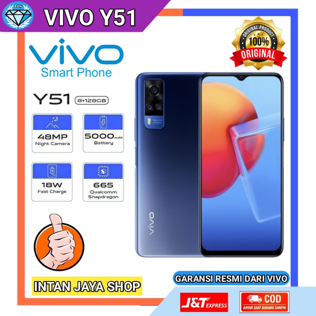 Handphone murah terbaru hp vivo Y51 Ram 8gb Rom 128 48MP garansi resmi VIVO 1 Tahun Indonesia