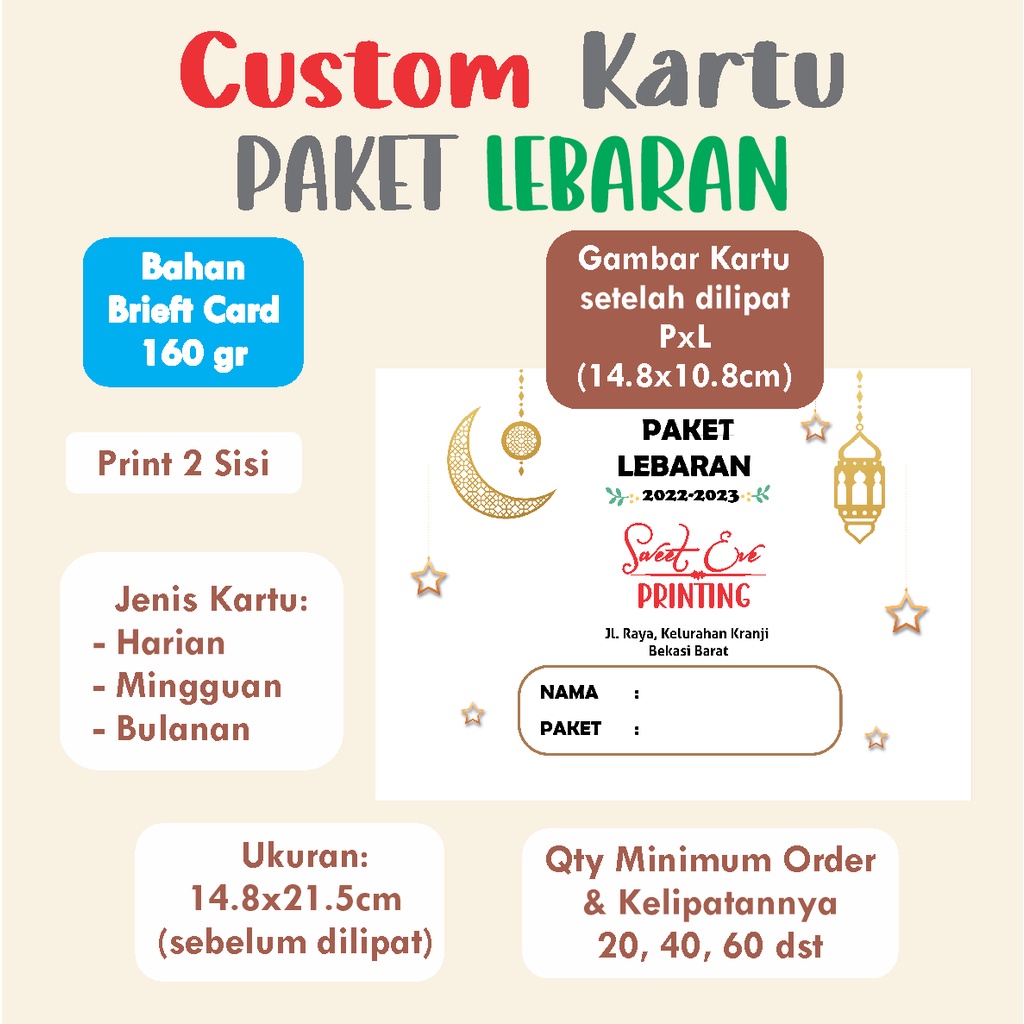 

Cetak WARNA Kartu Paket Lebaran Harian, Mingguan & Bulanan CUSTOM (Print 2 sisi) --> Bahan Brieft Card/Kertas Manila 160 gr