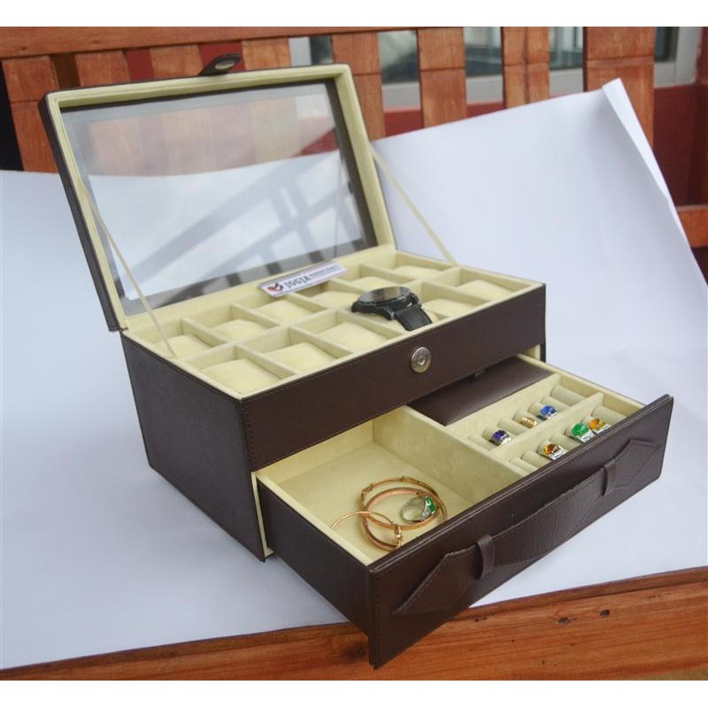 Brown Cream Kotak Tempat Jam Tangan Isi12 Laci Perhiasan / Watch Box