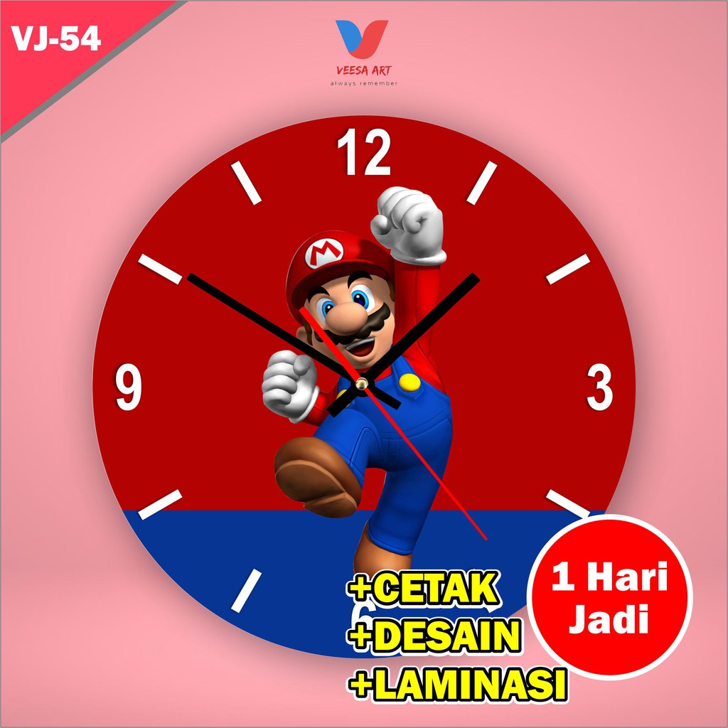 Jam Dinding Hiasan Rumah Kamar Anak Cowok Pria MDF Kayu Unik lucu Kecil Super Mario Bros Merah Murah