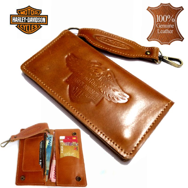 dompet panjang kulit asli 100% full harley davidson biker gear tan 01