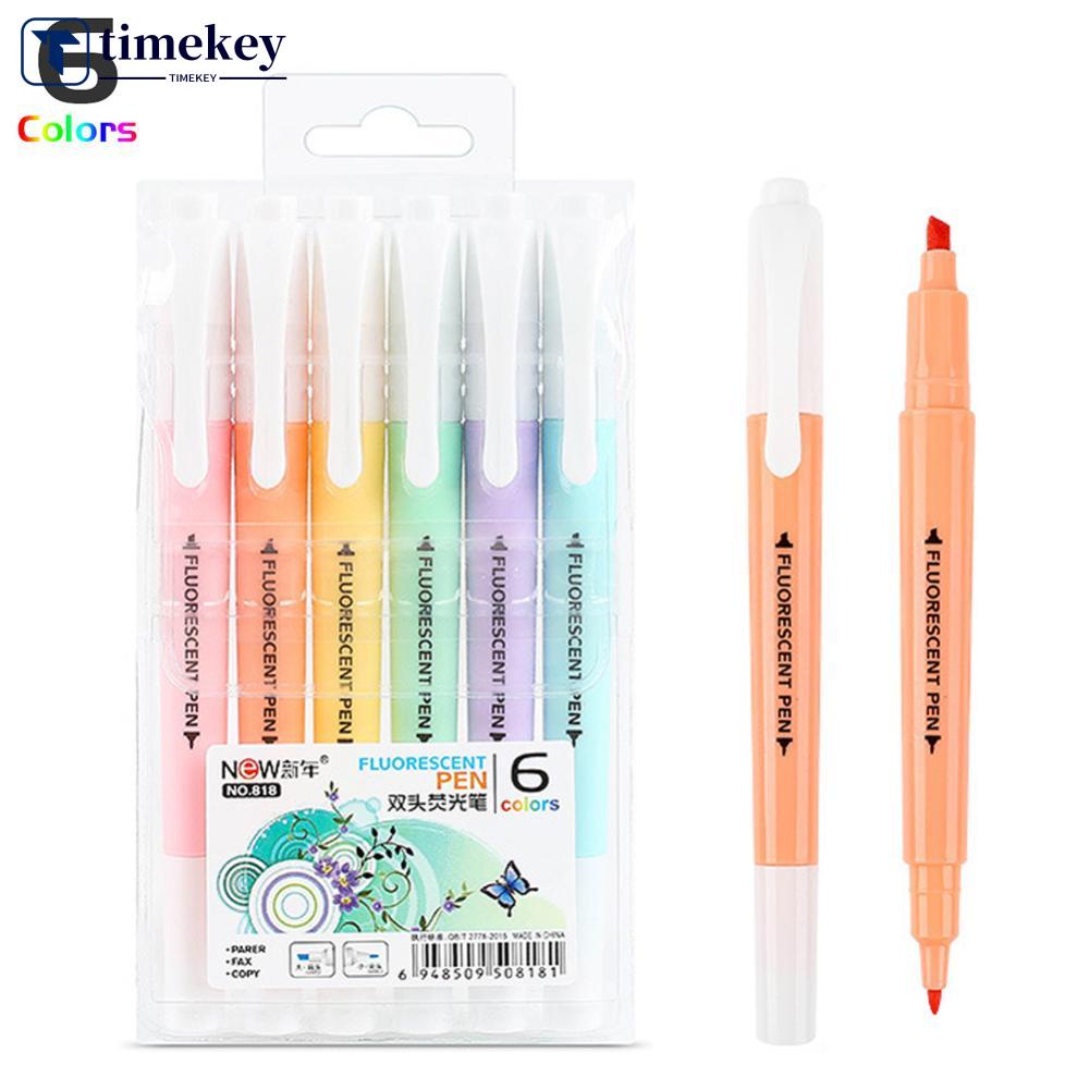 Timekey 6pcs / set Spidol Highlighter Kepala Ganda Warna Permen Untuk Scrapbook / Jurnal / Kartu H3O3