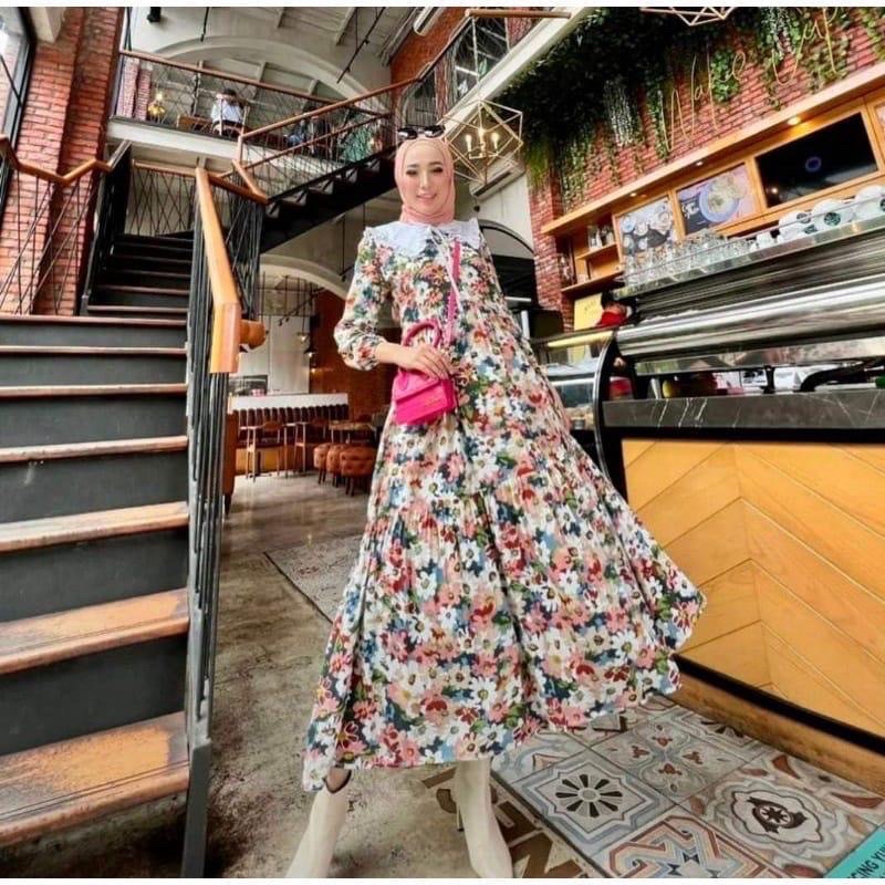 Gamis Maxi Dress Rayon Kerah putih Flower Maxy