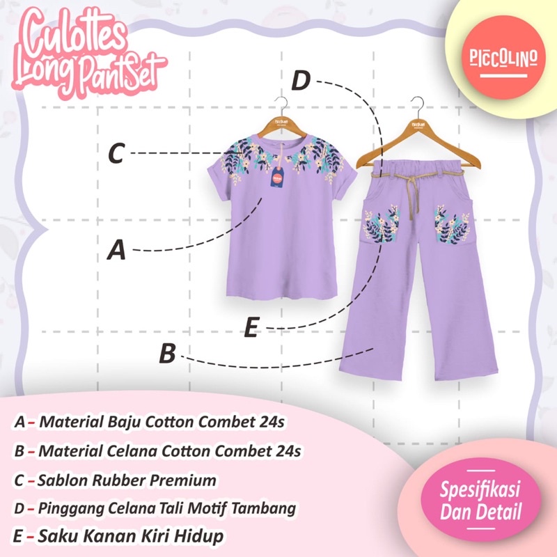 Piccolino Setelan Celana Panjang Anak Perempuan - Culottes Longpants Set Usia 6 8 10 12 14 Tahun