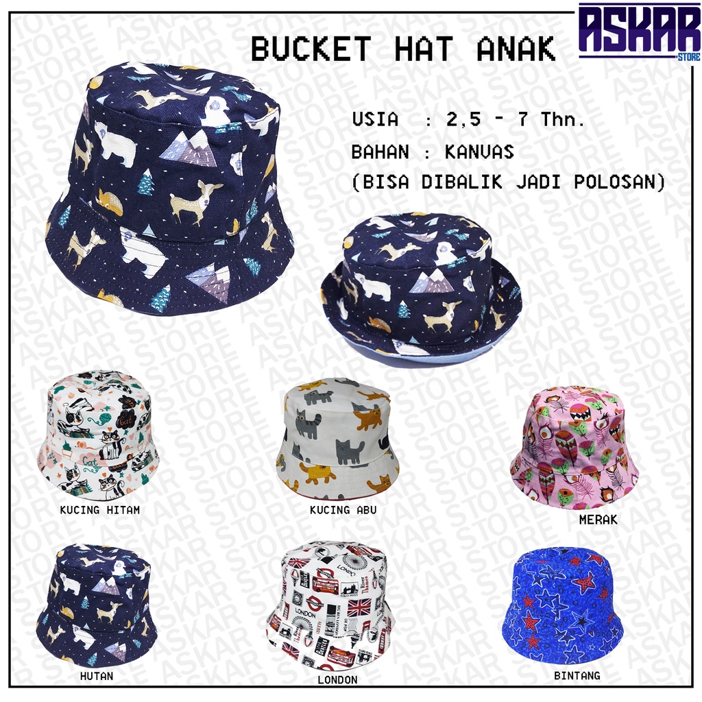 Bucket hat anak laki laki perempuan bolak balik 3 tahun buket hat topi ember