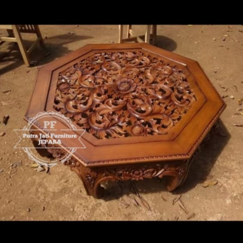 Meja tamu bundar kayu jati - meja Lesehan segi 8 ukir Jepara kayu jati