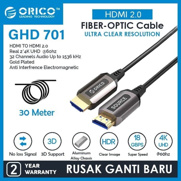 Cable Hdmi 2.0 Fiber optical Orico 30m gold 4k 2k ghd701-300 - Kabel hdtv optik optic uhd 30 meter