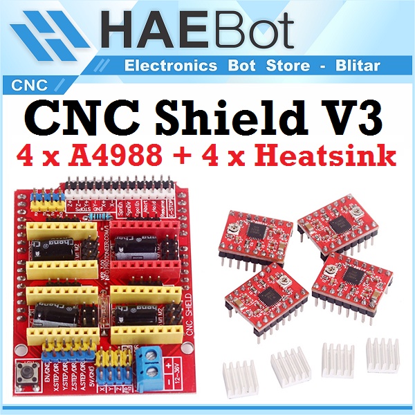 [HAEBOT] CNC Shield V3 4 Slot Motor Driver Arduinoo Uno RepRap 4 Driver Motor A4988 Mesin Controller Stepper GRBL Module 3 Axis Router Drawing DRV8825 CNC Set Paket