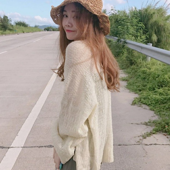 Korea Longgar Sweater lengan panjang tipis Tipis Pakaian pelindung matahari Cardigan pendek-5