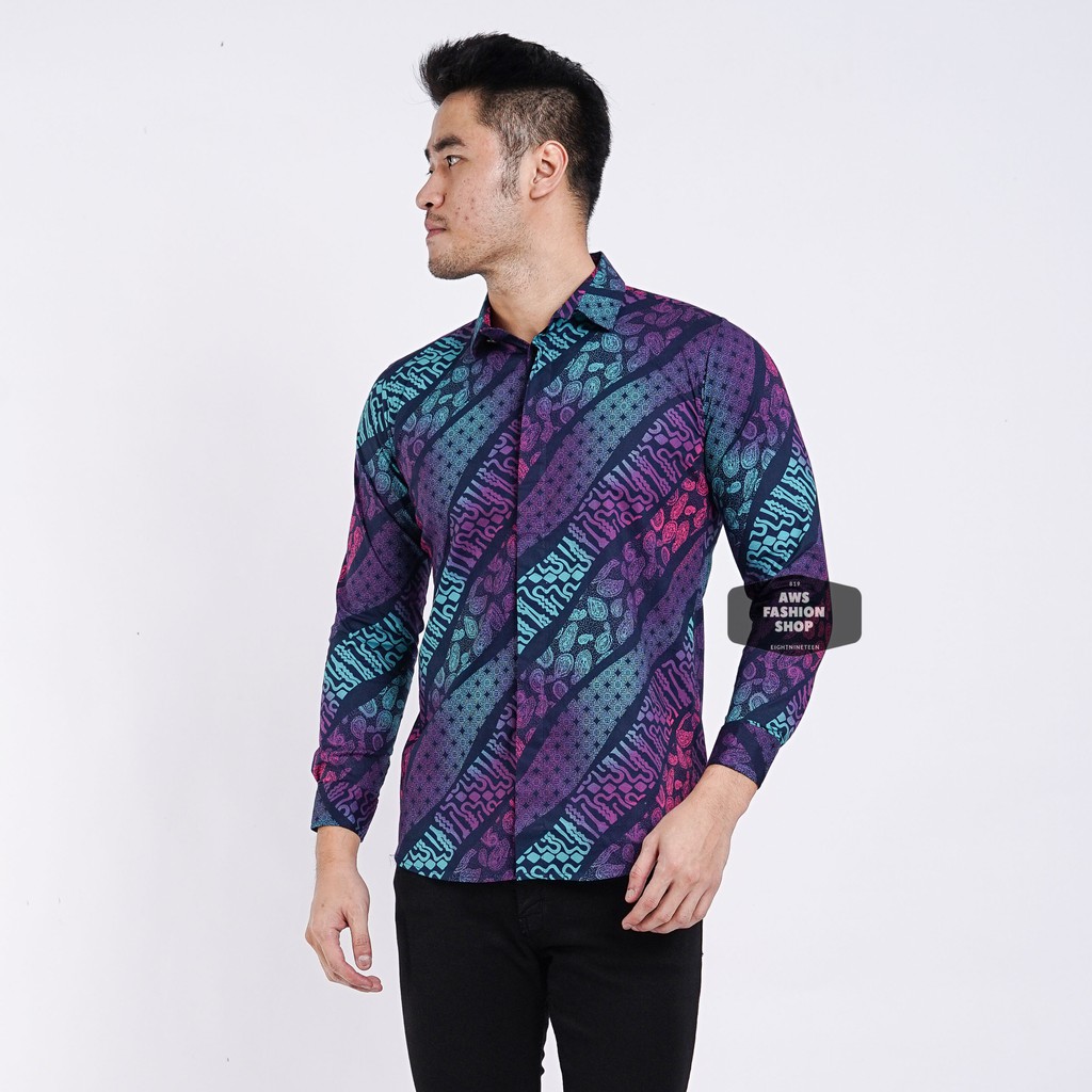 Kemeja Batik Pria Lengan Panjang Gradasi Blue Black Slimfit