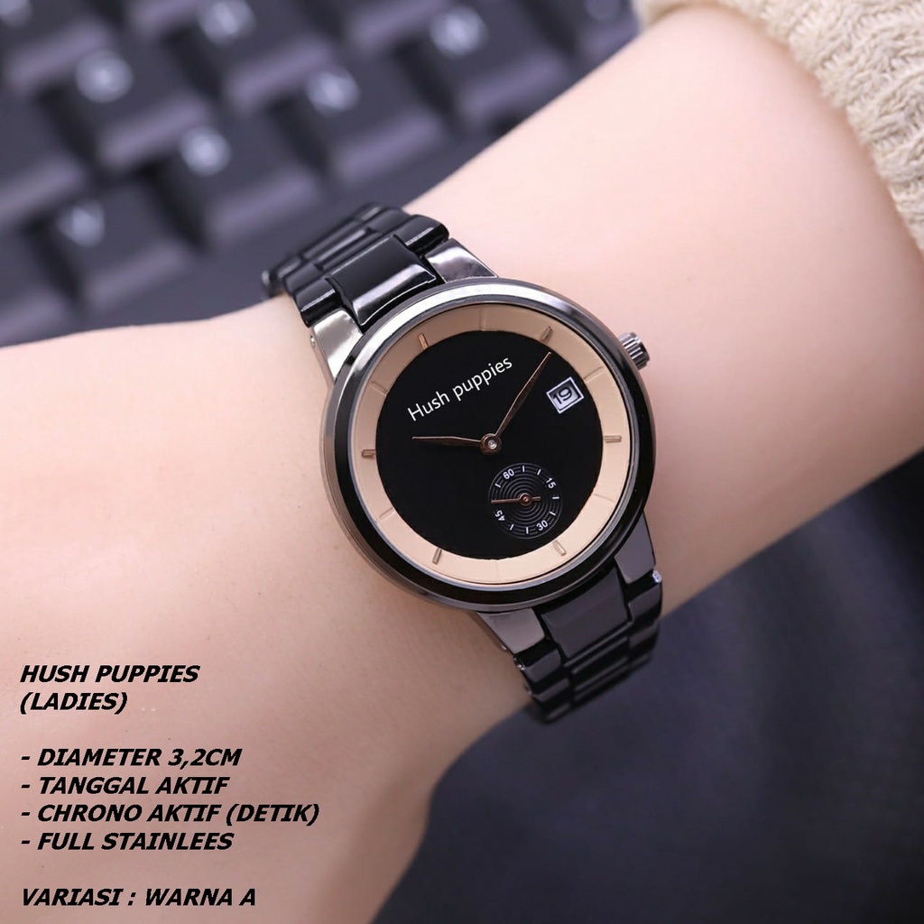 (BISA COD) JAM TANGAN WANITA HUSH PUPPIES H-0109 RANTAI BODY BULAT TANGGAL &amp; CHRONO AKTIF