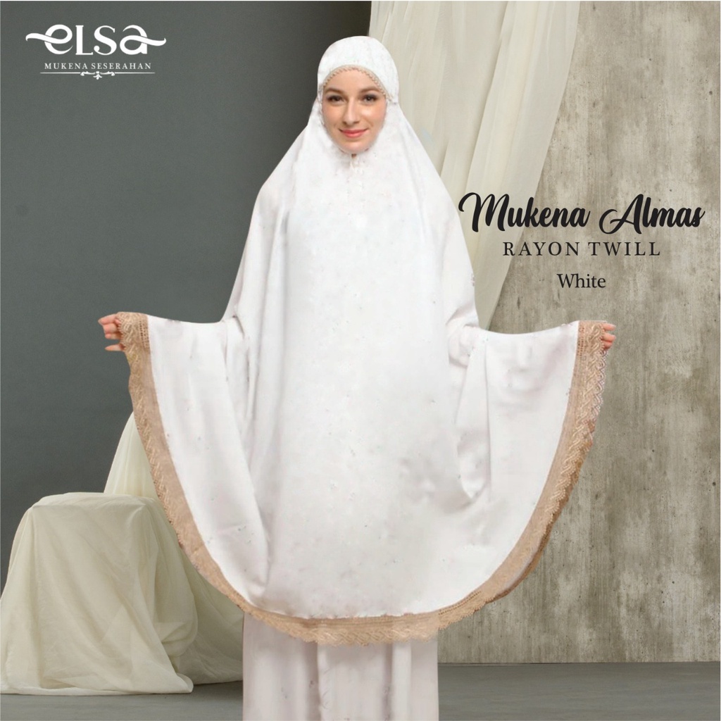 Mukena Elsa- Mukenah Almas White Premium Dewasa Super Jumbo Putih Polos Renda Seperangkat Alat Shola